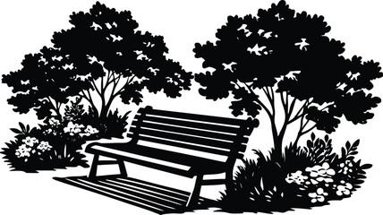 Silhouette of a park bench with surrounding trees and natural landscape. Peaceful outdoor scene perfect for relaxation, nature, leisure, and park themes. Vector illustration for backgrounds and design