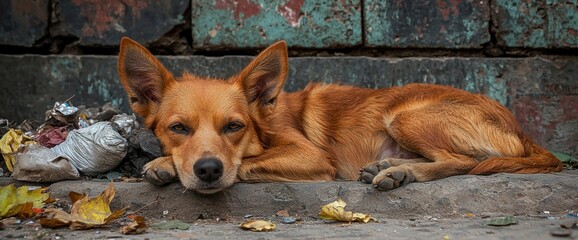 Stray dog resting on the ground
