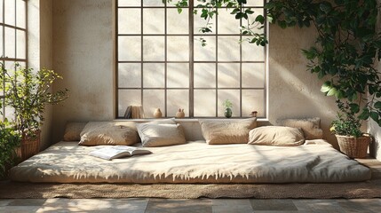 Cozy sunlit room with floor bed