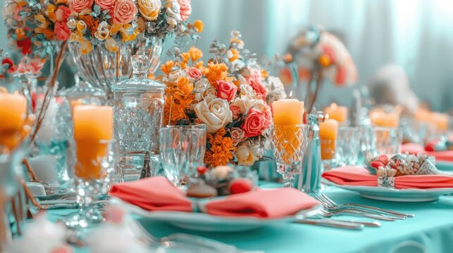A table setting with a teal tablecloth, orange and white flowers, and candles.