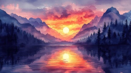 Sunrise over a tranquil lake, majestic mountains