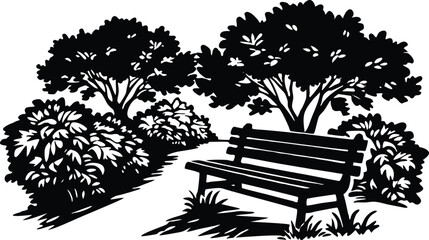 Silhouette of a park bench with surrounding trees and natural landscape. Peaceful outdoor scene perfect for relaxation, nature, leisure, and park themes. Vector illustration for backgrounds and design