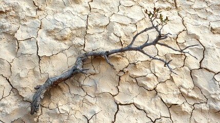 Dried branch on cracked earth