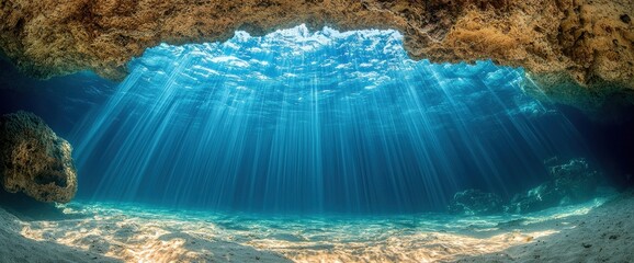 Sunlight streams into an underwater cave