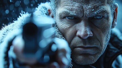 Frozen gunman, intense stare