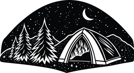 Silhouette of a camping tent with tree and mountain background. Minimal outdoor scene for hiking, wilderness, travel, and adventure themes. Vector illustration for posters and nature designs