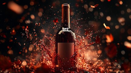 Fototapeta premium Red wine bottle erupts in a splash of liquid