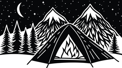 Silhouette of a camping tent with tree and mountain background. Minimal outdoor scene for hiking, wilderness, travel, and adventure themes. Vector illustration for posters and nature designs