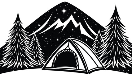 Silhouette of a camping tent with tree and mountain background. Minimal outdoor scene for hiking, wilderness, travel, and adventure themes. Vector illustration for posters and nature designs