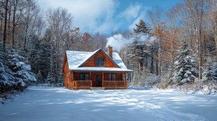 Cozy winter cabin nestled in snowy woods