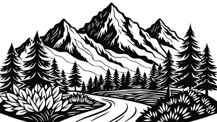 Black mountain landscape silhouette with layered peaks and dramatic horizon. Minimal nature scenery for travel, hiking, and wilderness concepts. Vector illustration for posters and backgrounds