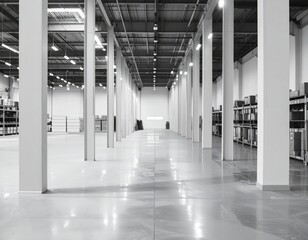 Spacious modern warehouse interior with columns and shelving