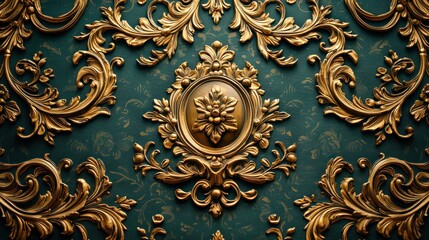 Ornate gold design on teal background