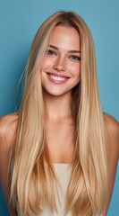Naklejka premium A beautiful woman with long straight blonde hair smiles brightly, showcasing her confidence and charm. The vibrant blue backdrop enhances her radiant expression and natural beauty