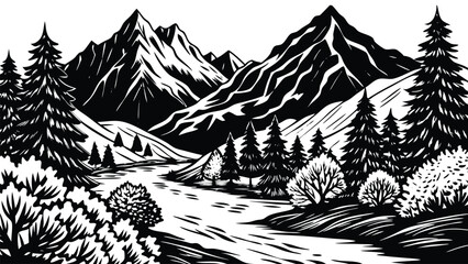 Black mountain landscape silhouette with layered peaks and dramatic horizon. Minimal nature scenery for travel, hiking, and wilderness concepts. Vector illustration for posters and backgrounds