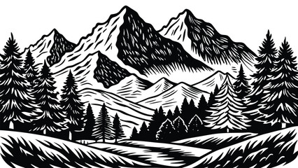 Black mountain landscape silhouette with layered peaks and dramatic horizon. Minimal nature scenery for travel, hiking, and wilderness concepts. Vector illustration for posters and backgrounds