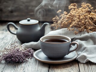 A steaming cup of tea, surrounded by dried herbs and a grey teapot