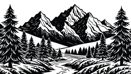 Black mountain landscape silhouette with layered peaks and dramatic horizon. Minimal nature scenery for travel, hiking, and wilderness concepts. Vector illustration for posters and backgrounds