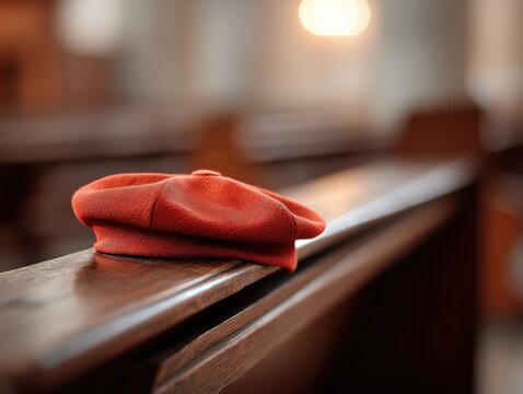 Red cardinal hat placed on dark wooden bench in silent church room, warm ambient light and shallow depth of field for symbolic authority scene, Selective Focus..
