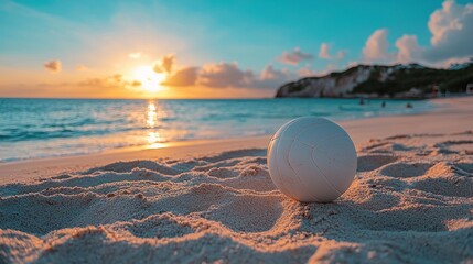 Beach sunset scene with a white ball