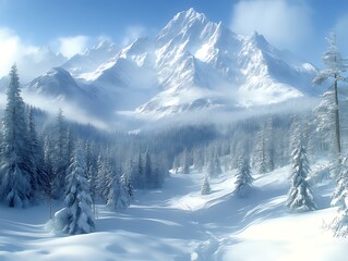 Obraz premium Majestic snow-covered mountain peak and winter forest.