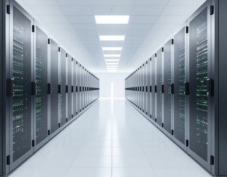 Modern data center corridor with server racks and bright lighting