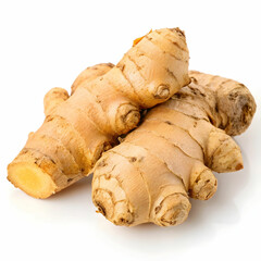 A fresh piece of ginger is isolated on a white background, showcasing its knobby texture
