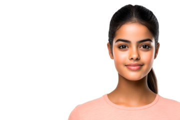 Portrait of Hispanic woman, neutral expression, isolated, cut out transparent