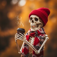 秋の骨と温かいコーヒー