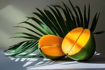 Half Cut Tropical Fruit with Palm Leaf Showcase Exotic Still Life on White Backdrop in Dramatic Light