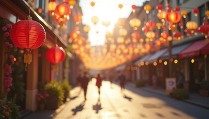 Chinese street lanterns against a street background in out of focus
