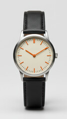 Silver Watch with Orange Hand and Black Leather Strap