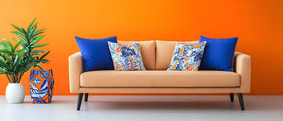 Beige Sofa With Blue And Patterned Pillows In Orange Living Room