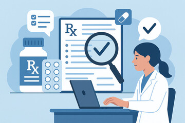 A professional female pharmacist reviews a prescription on her laptop, surrounded by medication images and checklists, emphasizing healthcare efficiency and accuracy in medication