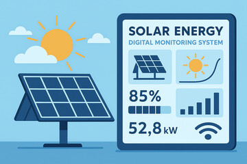 A modern solar energy digital monitoring system displaying efficiency metrics and power generation data. Ideal for promoting renewable energy solutions and technology advancements.