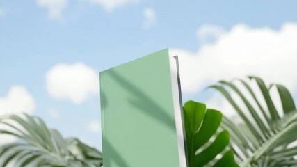 Floating green book amidst lush foliage and open sky  a journey through nature