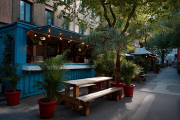 Obraz premium Inviting summer street food setting with vibrant blue food stall and greenery