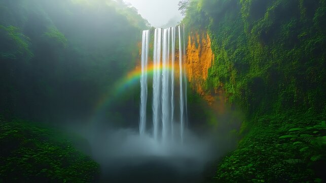 Majestic waterfall with rainbow in misty rainforest.
