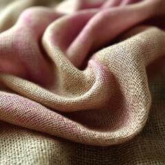 Elegant shot of flowing burlap with pink tint showcasing the intricate weave and subtle color tones