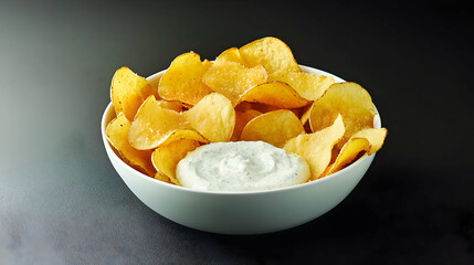 Bowl Of Crispy Potato Chips With Creamy Dip On Dark Background