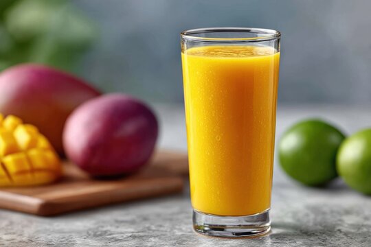 Freshly squeezed mango juice served in a tall glass with fruits on a kitchen countertop