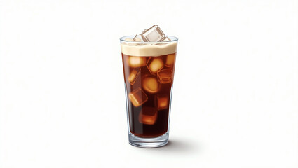 Stylized illustration of refreshing iced coffee with ice cubes and foam in a tall glass. Perfect digital art for beverage concepts.