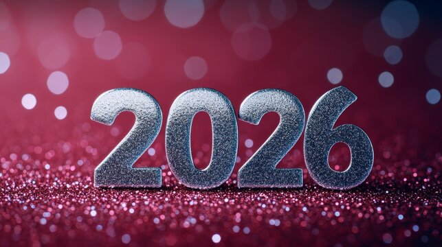 Silver 2026 Numbers on Red Sparkling Glitter Background, Happy New Year, Festive Banner Design.