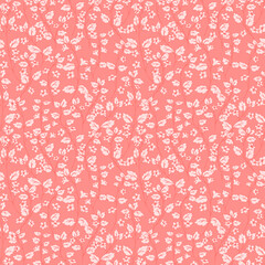 Monochrome seamless vector pattern with forest flowers and leaves on coral, orange background. Ornament nature for print, fabric, wallpaper, packaging, stationery, and botanical themed surface designs