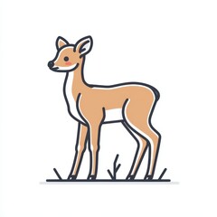 Fototapeta premium A simple flat line drawing of a cute deer stands calmly, showcasing its slender legs and delicate expression on a clean white background. The deer evokes a sense of warmth and whimsy