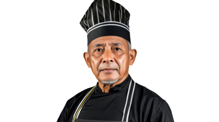 Hispanic older man chef poses in uniform, cut out transparent