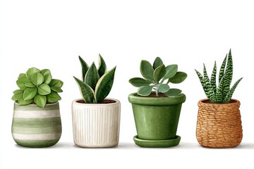 Obraz premium A collection of beautifully designed potted plants showcasing various types of succulents and cacti arranged in decorative pots on a clean white background for fresh interior decor inspirations