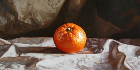 Orange still life oil painting on canvas fabric dark brown and silver color palette smooth texture