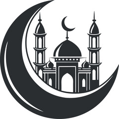 Eid Mubarak Silhouette, Crescent Moon and Lantern Vector