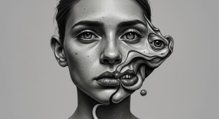 Surreal Monochrome Portrait Woman s Face Morphing into Abstract Form
